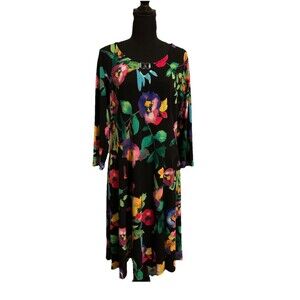 Susan Graver Size Medium Dress Black Floral V Neck Metal Accent Black Below Knee